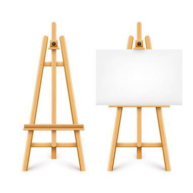 Realistic paint desk with blank white canvas. Wooden easel and a sheet of drawing paper. Presentation board on a tripod. Artwork mockup, template. Vector illustration. clipart