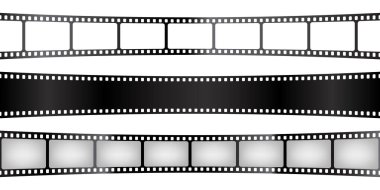 Eğri film şeritleri koleksiyonu. Eski bir film şeridi. Analog video kayıt ekipmanları. Vektör illüstrasyonu.