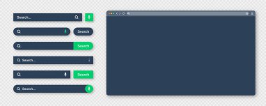 Blank internet browser window with various search bar templates, dark mode. Web site engine with search box, address bar and text field. UI design, website interface elements. Vector illustration.
