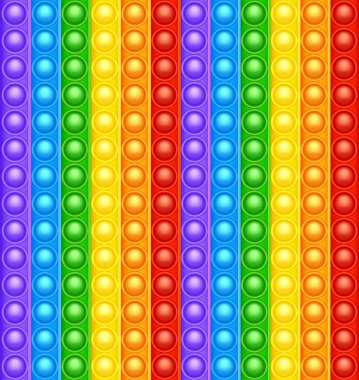 Renkli silikon anti-stres oyuncak dokusu, desen. Çocuklar için moda bir duyusal oyun. Gökkuşağı, parlak renkli patlamış baloncuklu hareketli oyuncağı itin. Vektör illüstrasyonu.