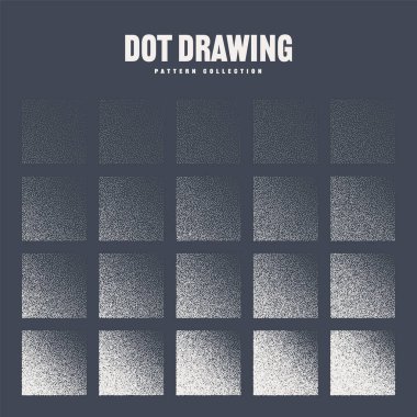 Kare şeklinde noktalı nesneler, noktalı elementler. Noktalama, noktalama çizimi, noktalar kullanarak gölgeleme. Piksel ayrışması, yarım ton etkisi. Beyaz gürültü tanecikli doku. Gittikçe azalıyor. Vektör illüstrasyonu.