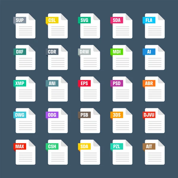 Common System File Formats Document Types Extensions Flat Style Icons — Archivo Imágenes Vectoriales