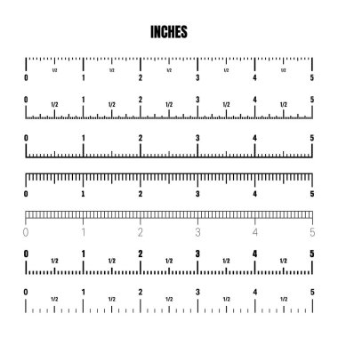 Boyunu ya da boyunu ölçmek için gerçekçi siyah inç ölçeği. Bölünmüş farklı ölçeklerde. Cetvel, mezura işaretleri, boyut göstergeleri. Vektör illüstrasyonu.