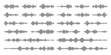 Sesli mesaj, posta. Sosyal medya sohbeti. Mesajlaşma uygulaması, müzik çalar, ses veya video düzenleyici arayüzü ögesi. Ses asistanı, kayıt cihazı. Ses dalgaları. Vektör illüstrasyonu.