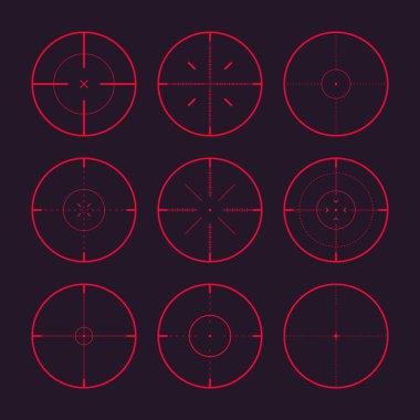 Çeşitli keskin nişancı tüfeği gece görüşü, silah optik dürbün taraması. Avcı silahı kırmızı dürbün. Atış işareti, nişan al. Askeri hedef işareti. Oyun arayüzü UI ögesi. Vektör illüstrasyonu.