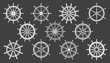 Beyaz vintage direksiyon koleksiyonu. Gemi, yat retro tekerlek sembolü. Denizci dümeni simgesi. Deniz tasarım elemanı. Vektör illüstrasyonu.