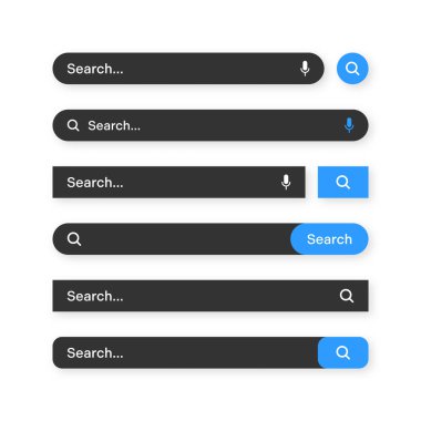 Various search bar templates, dark mode. Internet browser engine with search box, address bar and text field. UI design, website interface element with web icons and push button. Vector illustration.