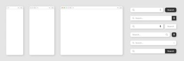 Blank internet browser window with various search bar templates. Web site engine with search box, address bar and text field. UI design, website interface elements. Vector illustration. 