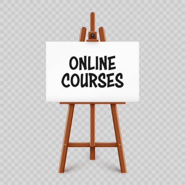 Üzerinde beyaz tuval olan gerçekçi boya masası. Tahta sehpa ve çizim kağıdı. Tripodun üzerinde sunum tahtası. Uzaktan eğitim, çevrimiçi kurslar ve e-öğrenme. Vektör illüstrasyonu.