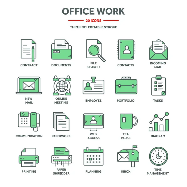 Business and office work, planning and scheduling. Daily schedule, employees, working day. Office tools and stationery supplies, documents, paperwork. Thin line web icons set. Vector illustration.