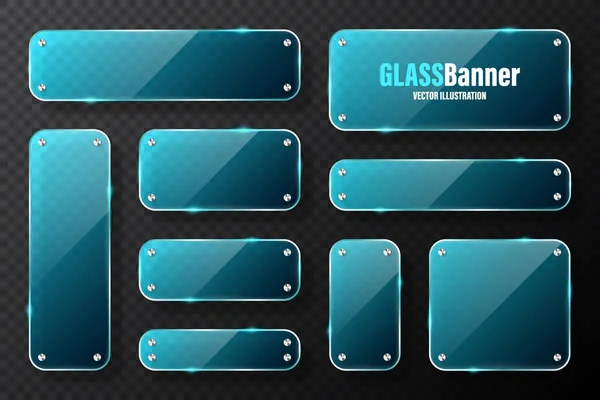 Realistische Glasramen Met Metalen Houders Blauwe Transparante Glazen Spandoeken Met — Stockvector