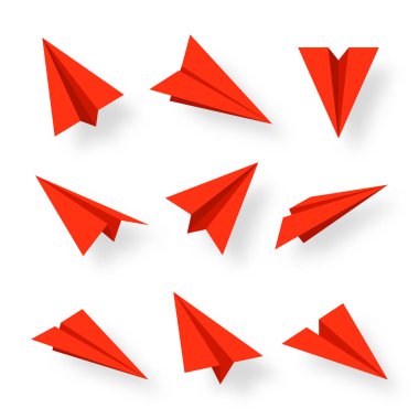 Realistic red paper planes collection. Handmade origami aircraft in flat style. Paper toy for a child. Business concept element, project startup and goal achievement. Vector illustration.
