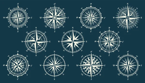 Vintage Marin Vind Steg Sjökort Monokrom Navigationskompass Med Kardinalriktningar Nord — Stock vektor