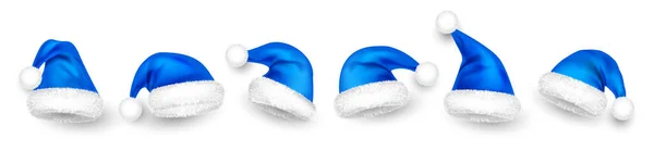 Various Santa Claus Hats Fur New Year Blue Hat Realistic — Stockvektor