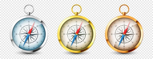 Realistic Silver Golden Vintage Compasses Marine Wind Rose Cardinal Directions — Wektor stockowy