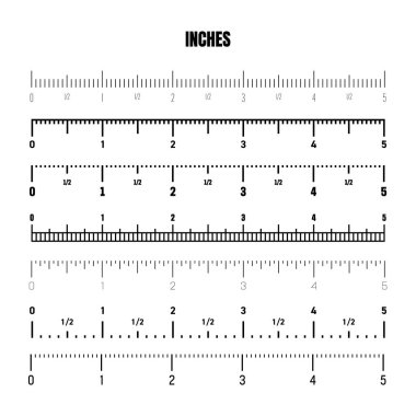Realistic black inch scale for measuring length or height. Various measurement scales with divisions. Ruler, tape measure marks, size indicators. Vector illustration.