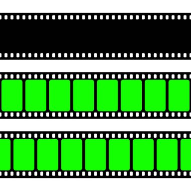 Realistic blank film strip, camera roll. Old retro cinema movie strip with green chroma key background. Analog video recording and photography. Visual effects compositing. Vector illustration.