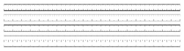 Bölünmüş farklı ölçeklerde. Uzunluğu, yüksekliği santimetre, milimetre ya da inç olarak ölçmek için gerçekçi uzun ölçekli. Cetvel, mezura işaretleri, boyut göstergeleri. Vektör illüstrasyonu.