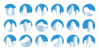 Yüzen buzdağları koleksiyonu. Sürüklenen kutup buzulu, donmuş okyanus suyu bloğu. Karlı buzlu dağlar. Eriyen buz zirvesi. Antarktika karlı manzarası. Güney ve Kuzey Kutbu. Vektör illüstrasyonu