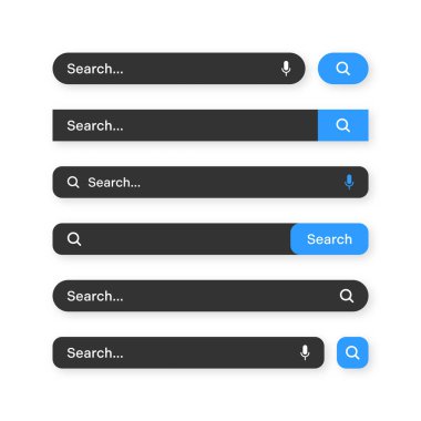 Various search bar templates, dark mode. Internet browser engine with search box, address bar and text field. UI design, website interface element with web icons and push button. Vector illustration.