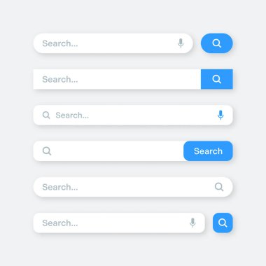 Various search bar templates. Internet browser engine with search box, address bar and text field. UI design, website interface element with web icons and push button. Vector illustration.
