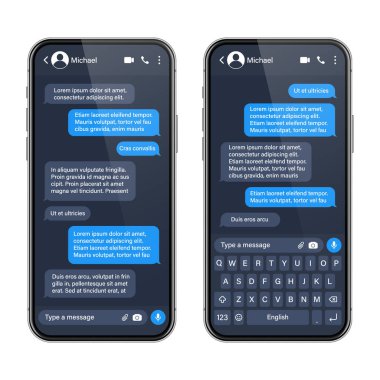 Mesajlaşma uygulaması olan gerçekçi bir akıllı telefon. SMS metin çerçevesi. Mavi ileti baloncukları ve yer tutucu metin ile sohbet ekranı. Sosyal medya uygulaması. Vektör illüstrasyonu