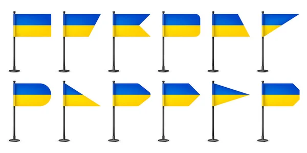 Realistyczne Różne Ukraińskie Flagi Stołowe Czarnym Stalowym Słupie Pamiątka Ukrainy — Wektor stockowy
