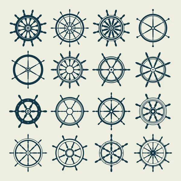 收集老式方向盘 游艇复古轮符号 航行舵图标 海洋设计元素 矢量说明 — 图库矢量图片