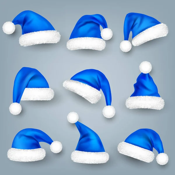 Various Santa Claus Hats Fur New Year Blue Hat Realistic — Stock Vector