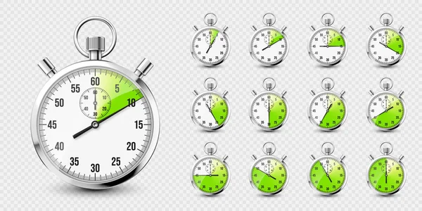 Realistic Classic Stopwatch Icons Shiny Metal Chronometer Time Counter Dial — Archivo Imágenes Vectoriales