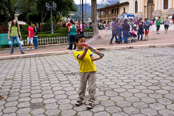 Carnival water and foam in Vilcabamba Ecuador — Stock Photo, Image