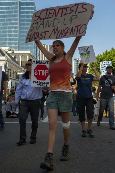 Los angeles 12. Oktober: Demonstranten versammelten sich auf den Straßen gegen den Monsanto-Konzern. Dem Unternehmen wird vorgeworfen, Lebensmittel unsicher gentechnisch verändert zu haben. 12. Oktober 2013 in los angeles, ca. — Stockbild Demonstranten versammelten sich auf den Straßen gegen den Monsanto-Konzern. — Stockfoto