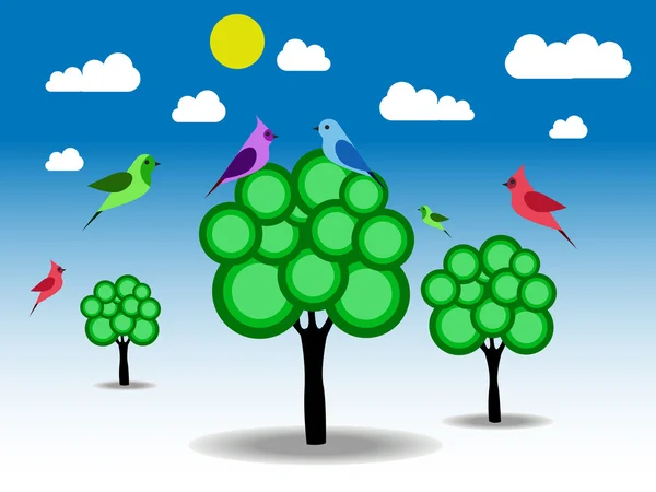 Aves y árboles verdes — Vector de stock