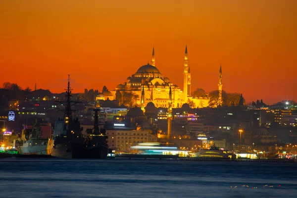 Sunset Istanbul Turkey Suleymaniye Mosque Ottoman Imperial Mosque View Galata — Foto de Stock