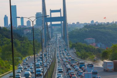 15 Temmuz Şehitler Köprüsü (Türkçe: 15 Temmuz Sehitler Koprusu) İstanbul 'daki İstanbul Boğazı, Türkiye' nin panoramik manzaralı. İstanbul 'da trafik