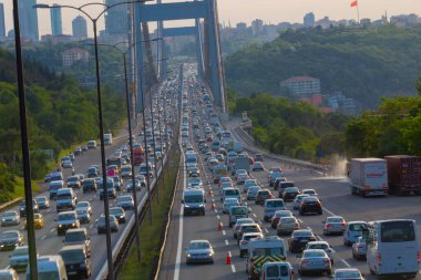 15 Temmuz Şehitler Köprüsü (Türkçe: 15 Temmuz Sehitler Koprusu) İstanbul 'daki İstanbul Boğazı, Türkiye' nin panoramik manzaralı. İstanbul 'da trafik