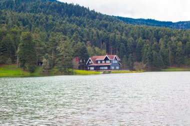 Golcuk Milli Parkı Bolu Hindi. Bolu Golcuk Milli Parkı 'nda orman içindeki Güz Tahta Göl evi, Türkiye duvar kağıdı