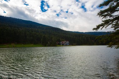 Golcuk Milli Parkı Bolu Hindi. Bolu Golcuk Milli Parkı 'nda orman içindeki Güz Tahta Göl evi, Türkiye duvar kağıdı