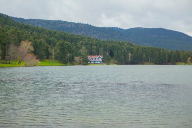 Golcuk Milli Parkı Bolu Hindi. Bolu Golcuk Milli Parkı 'nda orman içindeki Güz Tahta Göl evi, Türkiye duvar kağıdı