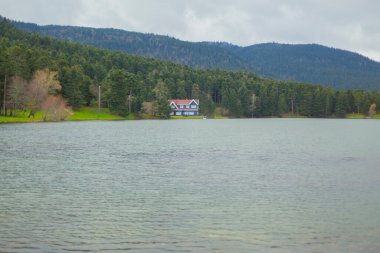 Golcuk Milli Parkı Bolu Hindi. Bolu Golcuk Milli Parkı 'nda orman içindeki Güz Tahta Göl evi, Türkiye duvar kağıdı
