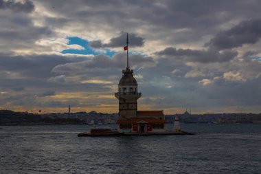 The Maiden's Tower, the most beautiful historical lighthouse of Istanbul, was photographed at sunset.