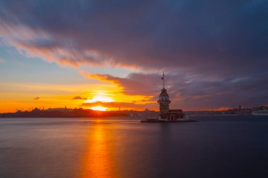 The Maiden's Tower, the most beautiful historical lighthouse of Istanbul, was photographed at sunset.