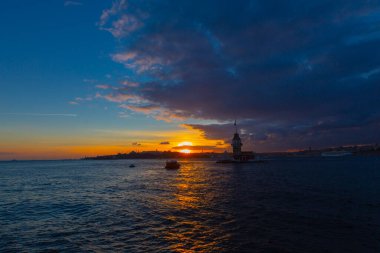 The Maiden's Tower, the most beautiful historical lighthouse of Istanbul, was photographed at sunset.