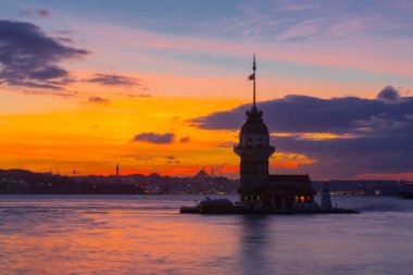 The Maiden's Tower, the most beautiful historical lighthouse of Istanbul, was photographed at sunset.