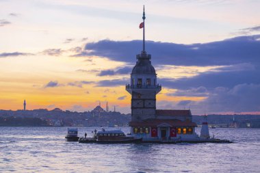 The Maiden's Tower, the most beautiful historical lighthouse of Istanbul, was photographed at sunset.