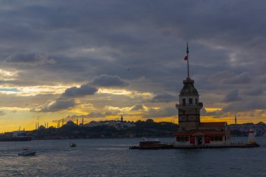 The Maiden's Tower, the most beautiful historical lighthouse of Istanbul, was photographed at sunset.