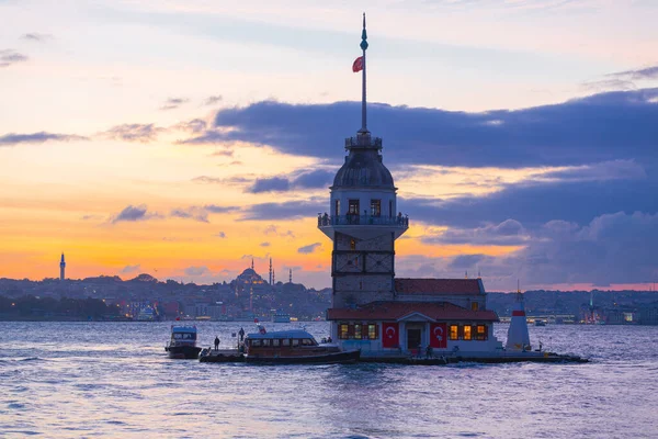 The Maiden's Tower, the most beautiful historical lighthouse of Istanbul, was photographed at sunset.
