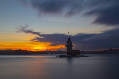 The Maiden's Tower, the most beautiful historical lighthouse of Istanbul, was photographed at sunset.