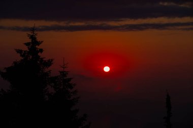 Camlihemsin 'deki Ayder Platosu. Güneş doğarken panoramik tahta kiraz manzarası. Hindi yolculuğu. Ayder Platosu 'nun 1350 metre yüksekliğindeki ahşap dağ evleri ile geniş bir çayır alanı vardır. Rize, Türkiye