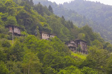 Camlihemsin 'deki Ayder Platosu. Güneş doğarken panoramik tahta kiraz manzarası. Hindi yolculuğu. Ayder Platosu 'nun 1350 metre yüksekliğindeki ahşap dağ evleri ile geniş bir çayır alanı vardır. Rize, Türkiye